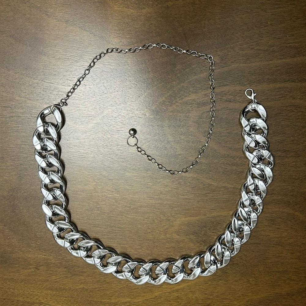 Women's Chain Belt Silver One Size Cuban Link Mesh Chunky Metal (0261)